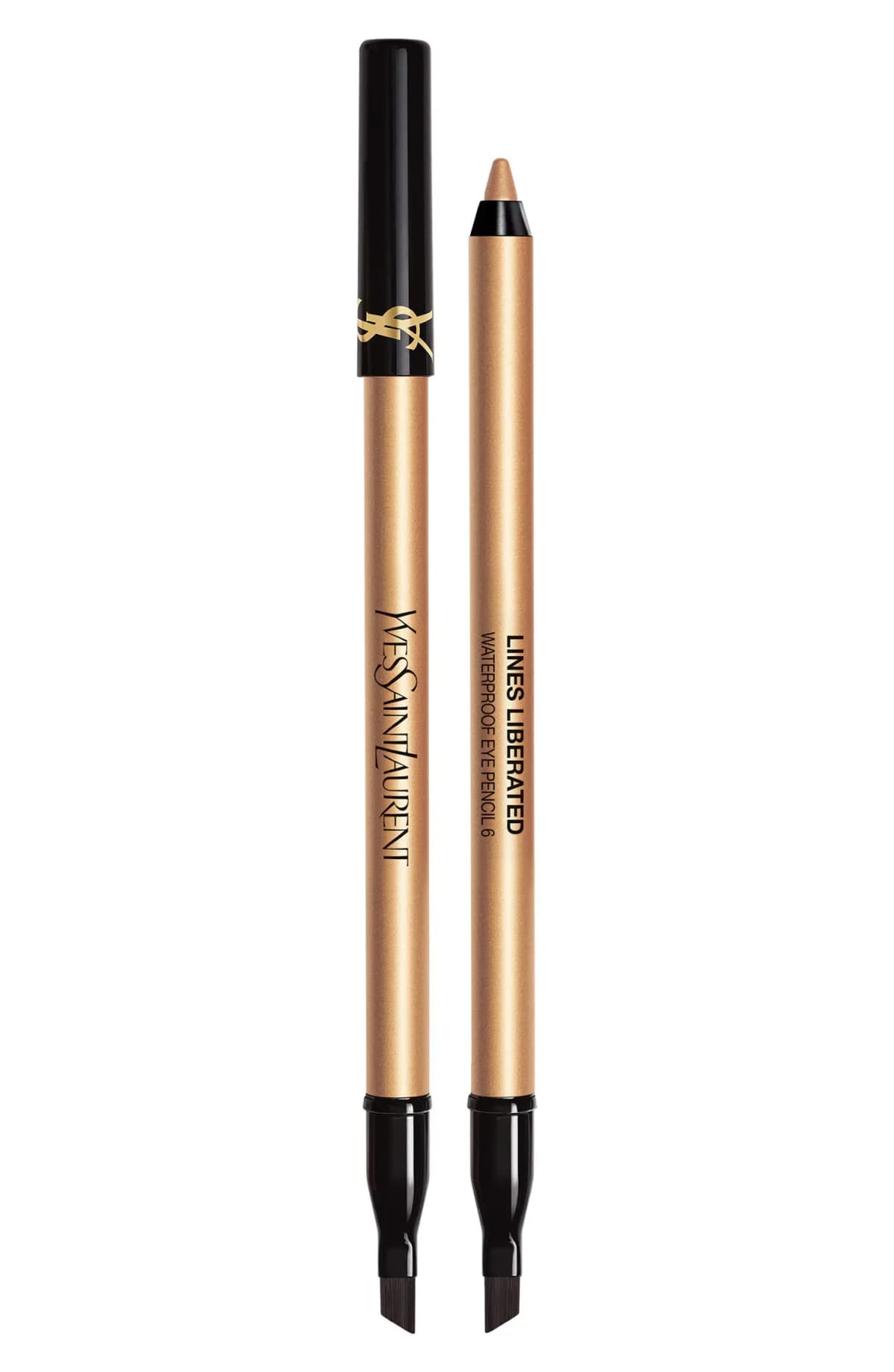 Gold YSL Lines Liberated Waterproof Eye Pencil 6 shown capped and uncapped, both with black angled brush ends.