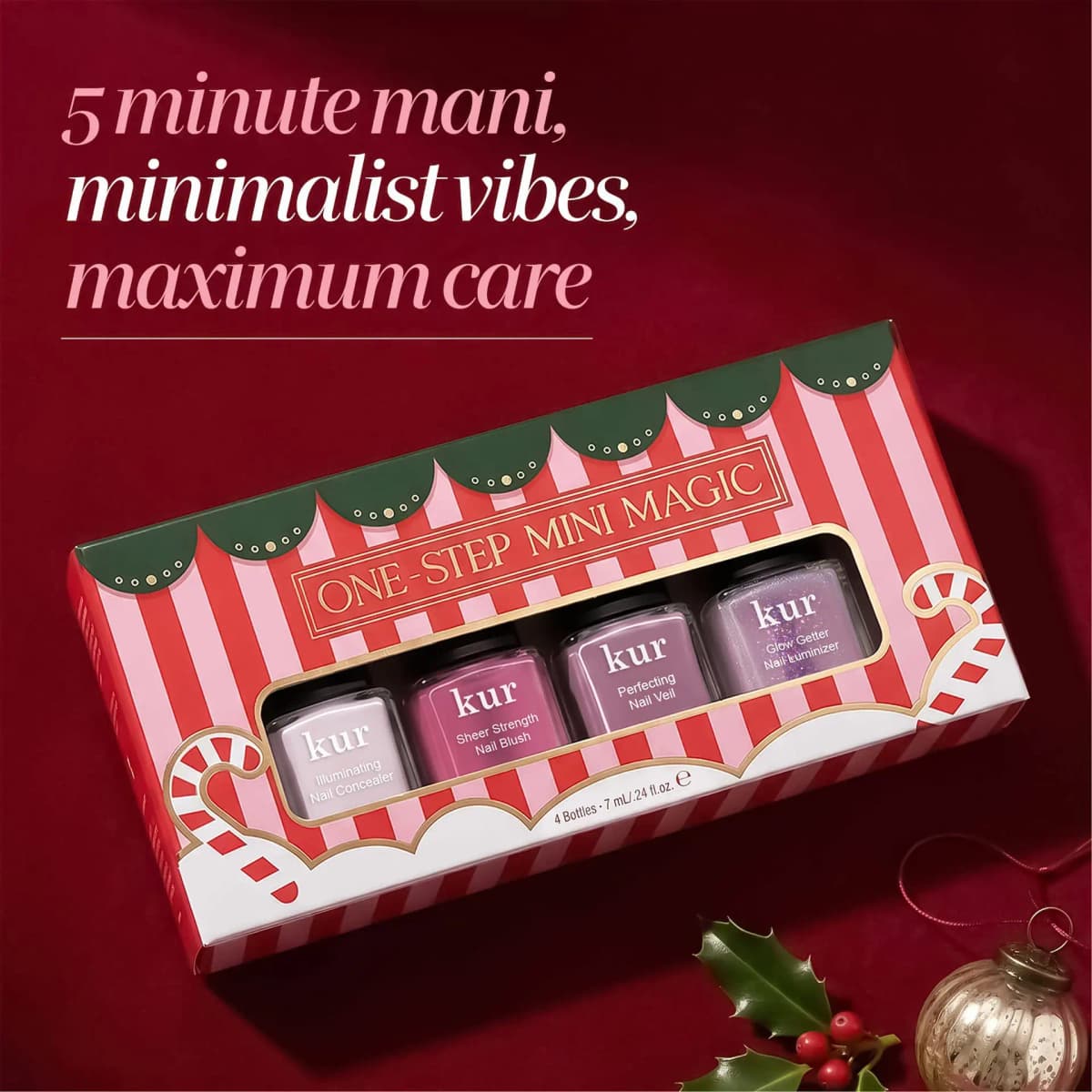 One-Step Mini Magic box on red with holly and a gold ornament under '5 minute mani, maximum care' text
