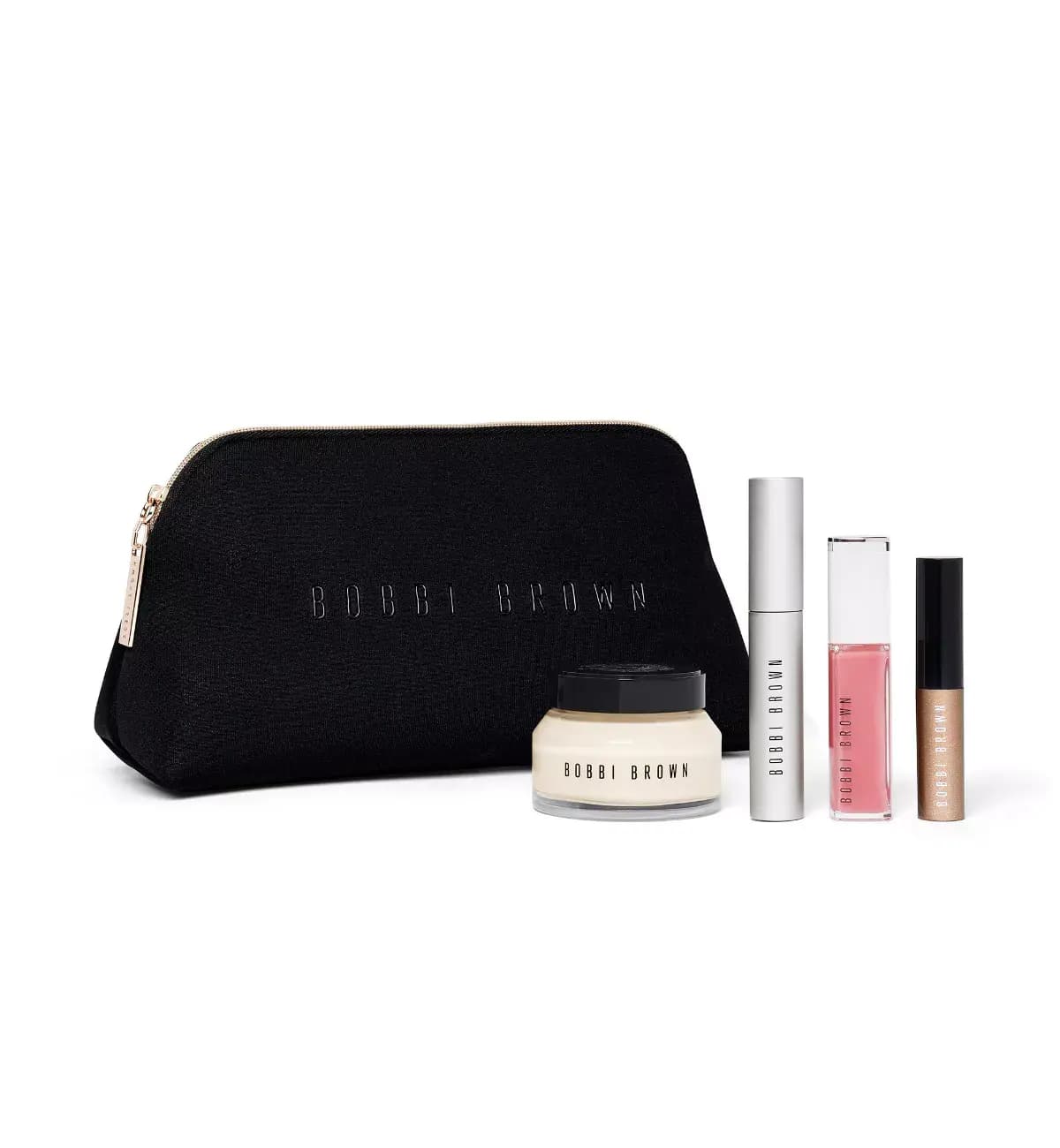 Bobbi Brown Soft Glam Essentials Gift Set: black branded makeup bag, face cream jar, mascara, pink lip gloss