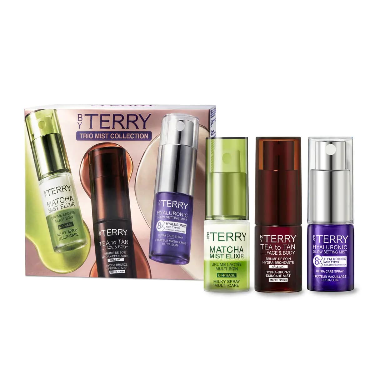 By Terry Trio Mist Collection set: pink gift box beside green, bronze-brown and purple mini mist bottles