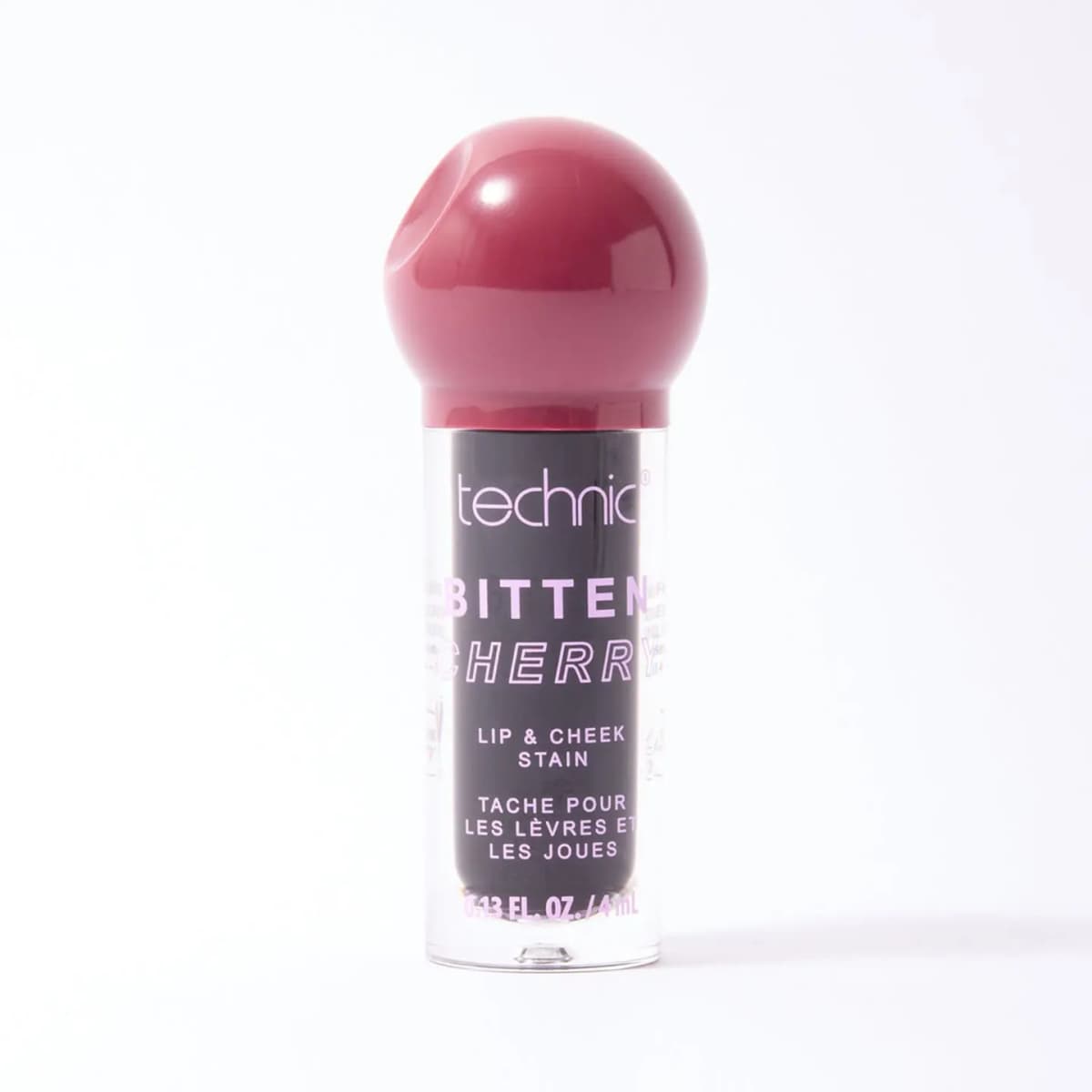Bitten Cherry Lip & Cheek Stain with dark berry liquid and a glossy cherry-shaped cap on white