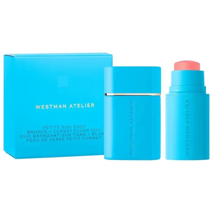 Bright blue Westman Atelier Petite Sun Tone duo box with coordinating bronzer stick and coral blush stick