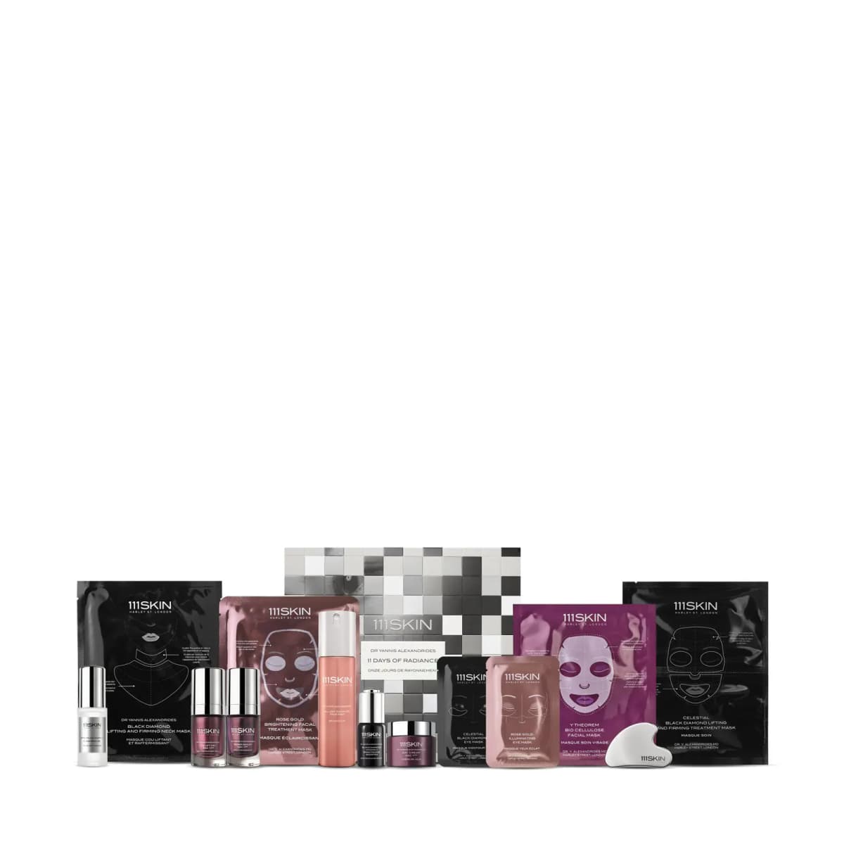 111SKIN 11 Days of Radiance contents lined up in front of the checkered box: sheet masks, serums, face mist and gua sha