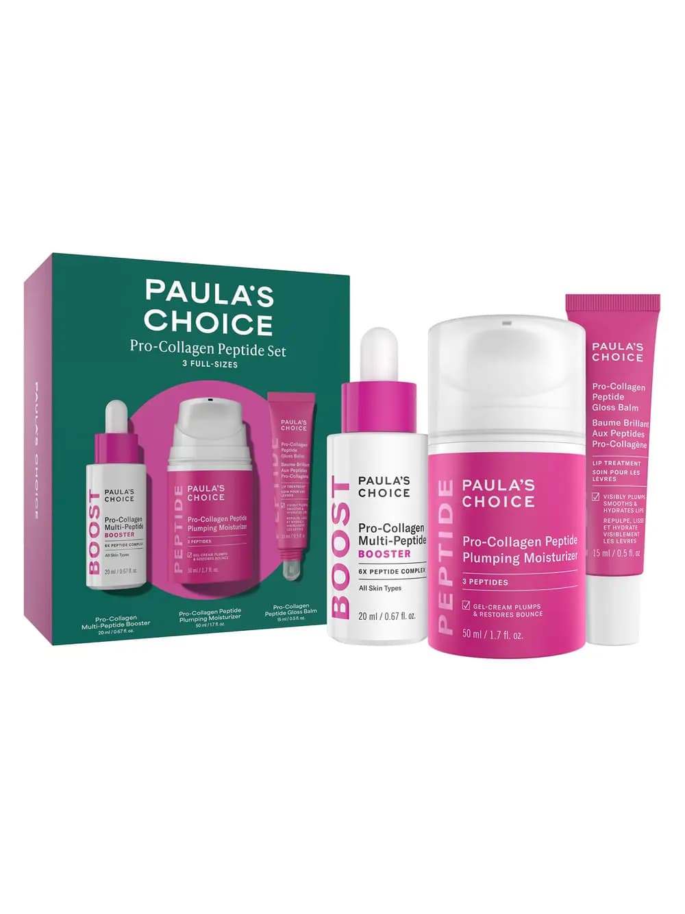 Paula's Choice Pro-Collagen Peptide Set with pink peptide booster, plumping moisturizer and gloss balm beside teal box.