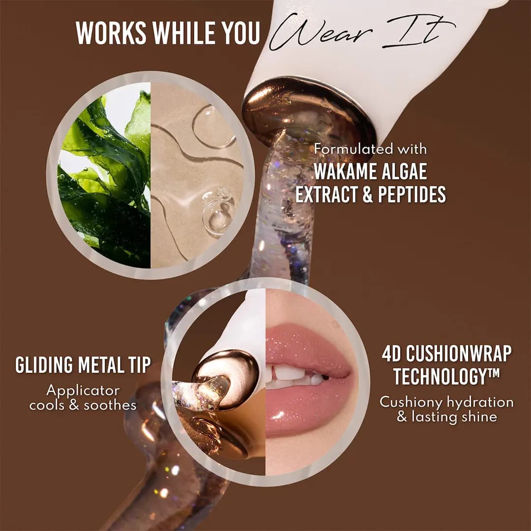 Clear holographic glitter gloss flows from a metal tip beside seaweed, gel swatch and glossy pink lips on brown