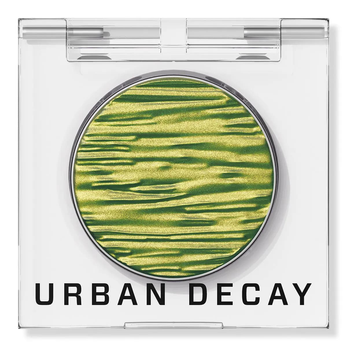 Urban Decay Chrome Melts in Crash Out, a rippled lime and deep green chrome eyeshadow in a clear compact.
