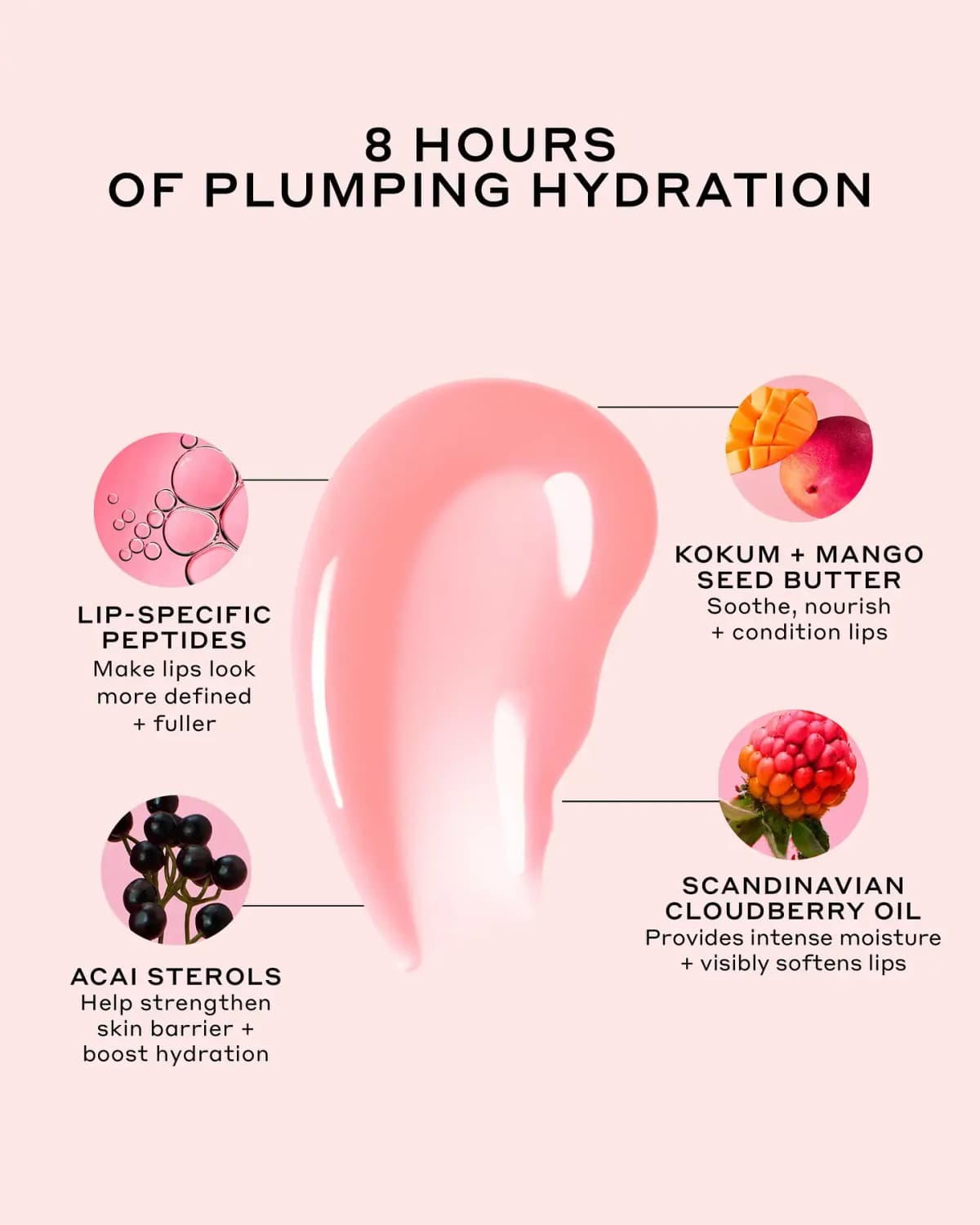 Pink gloss swatch with callouts for peptides, acai sterols, kokum and mango butter, and cloudberry oil