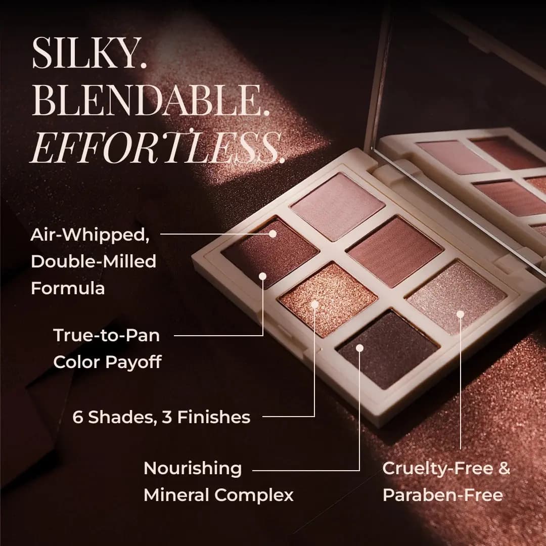 Palette annotated with air-whipped formula, true-to-pan payoff, 6 shades and 3 finishes, cruelty-free and paraben-free