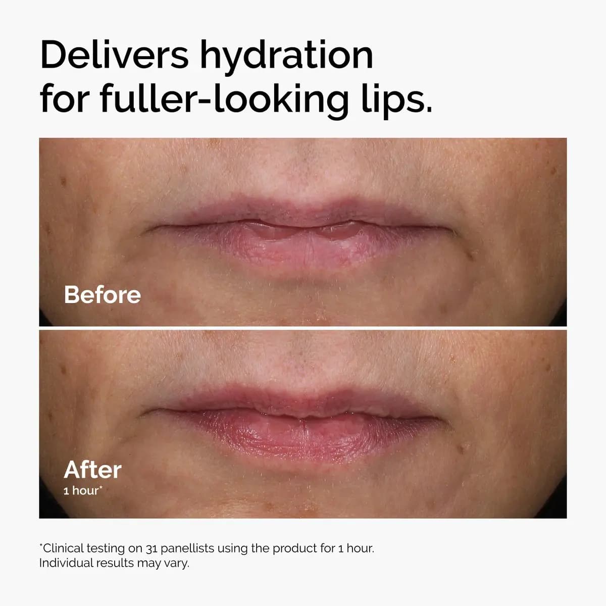 Before and after close-up of pale pink lips looking fuller and smoother one hour after use