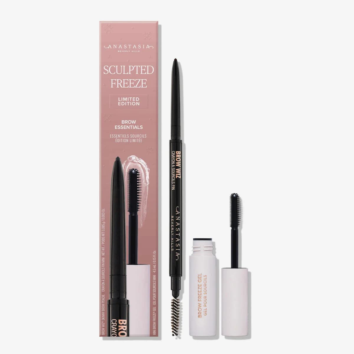 Sculpted Freeze brow set with black Brow Wiz pencil and mini clear Brow Freeze Gel beside pink box