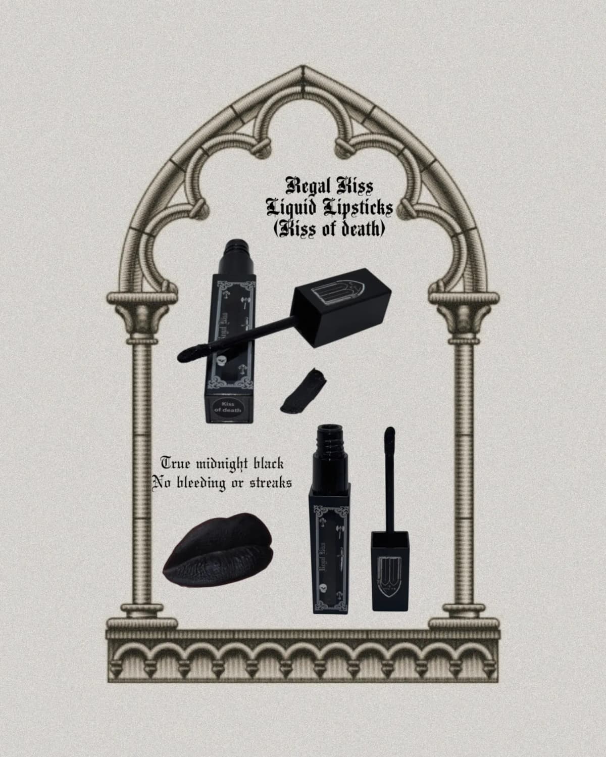 Kiss of death tube, swatch and matte black lips inside a Gothic arch, described as true midnight black.