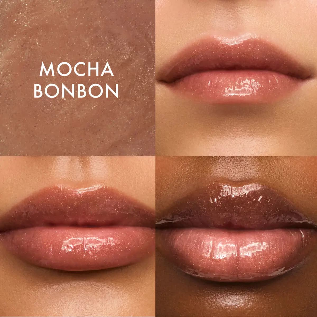 Mocha Bonbon shimmering beige swatch beside three close-ups of glossy, gold-flecked lips on varied skin tones