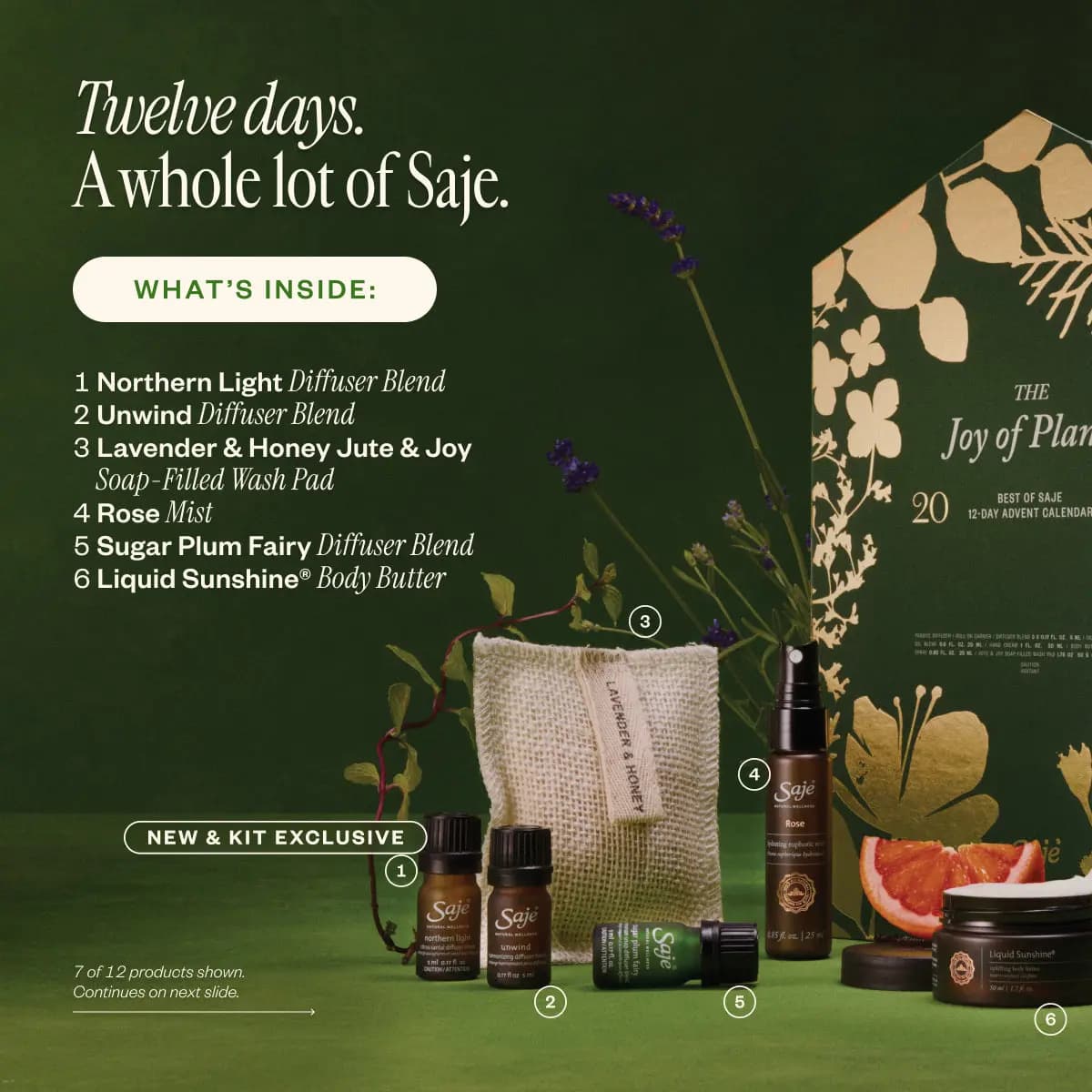 Saje diffuser blends, Lavender & Honey wash pad, Rose mist and Liquid Sunshine body butter, numbered 1 to 6