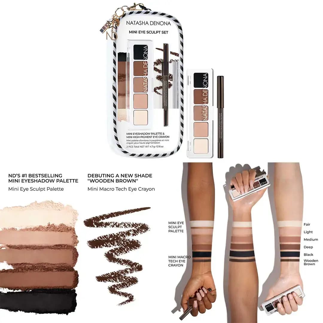 Mini Eye Sculpt Set packaging with palette smudges, Wooden Brown crayon scribble and arm swatches on three skin tones.
