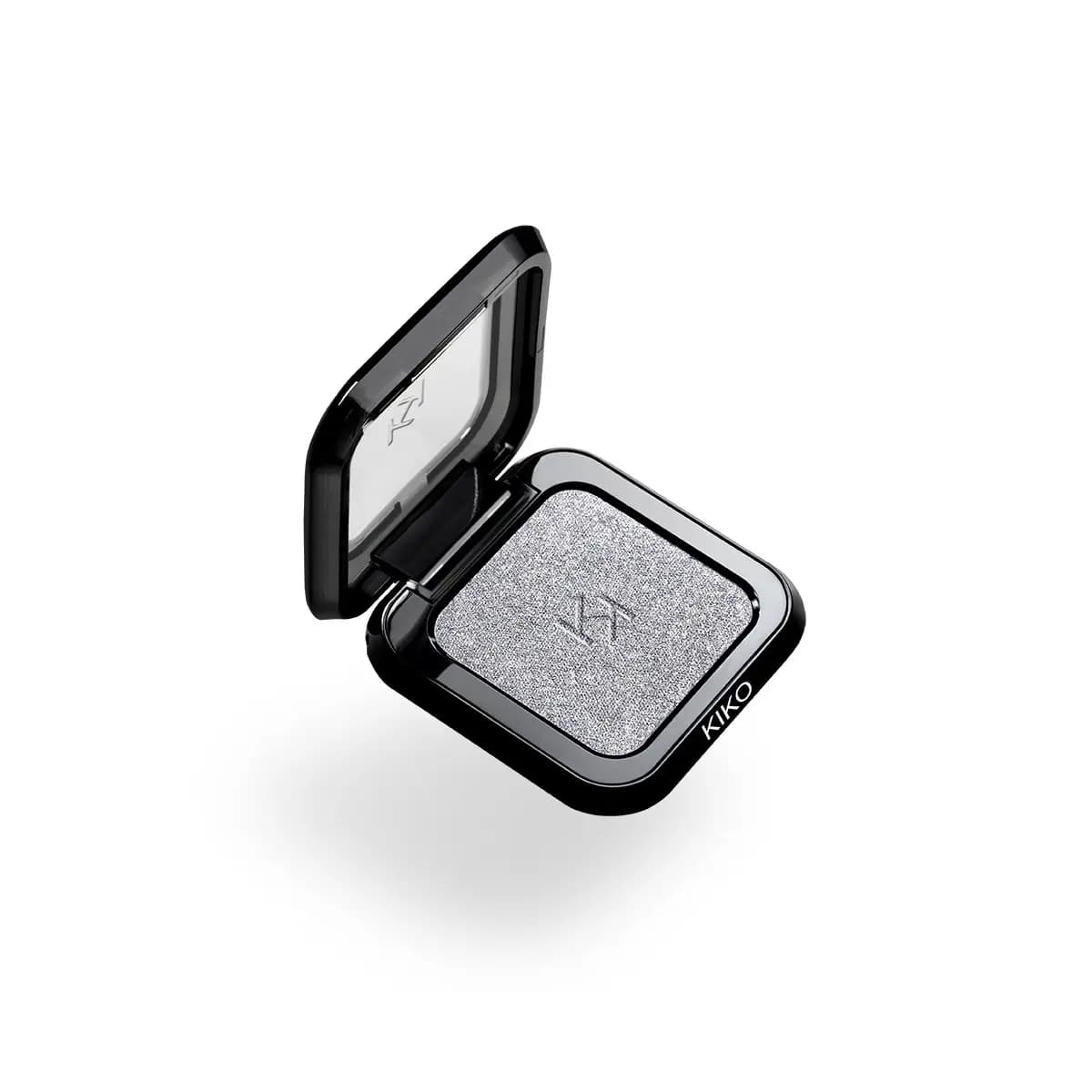 Open KIKO eyeshadow compact in a sparkling metallic silver grey shade with black glossy case and clear lid.
