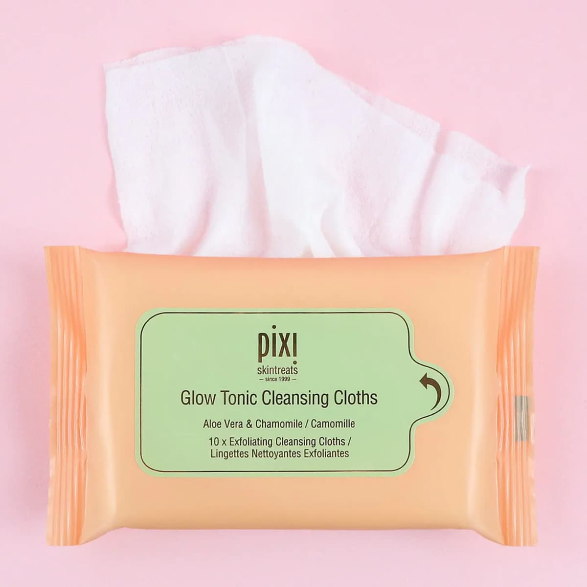 Pixi Glow Tonic Cleansing Cloths, a peach pack of 10 exfoliating wipes with one white cloth pulled out