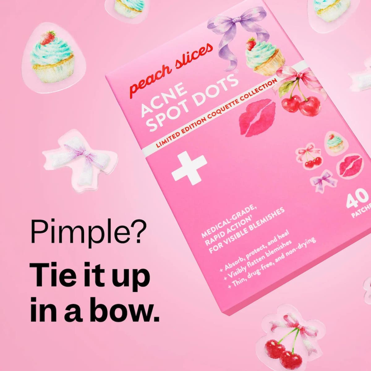 Tilted Acne Spot Dots box among floating cupcake, bow and cherry patches: "Pimple? Tie it up in a bow.