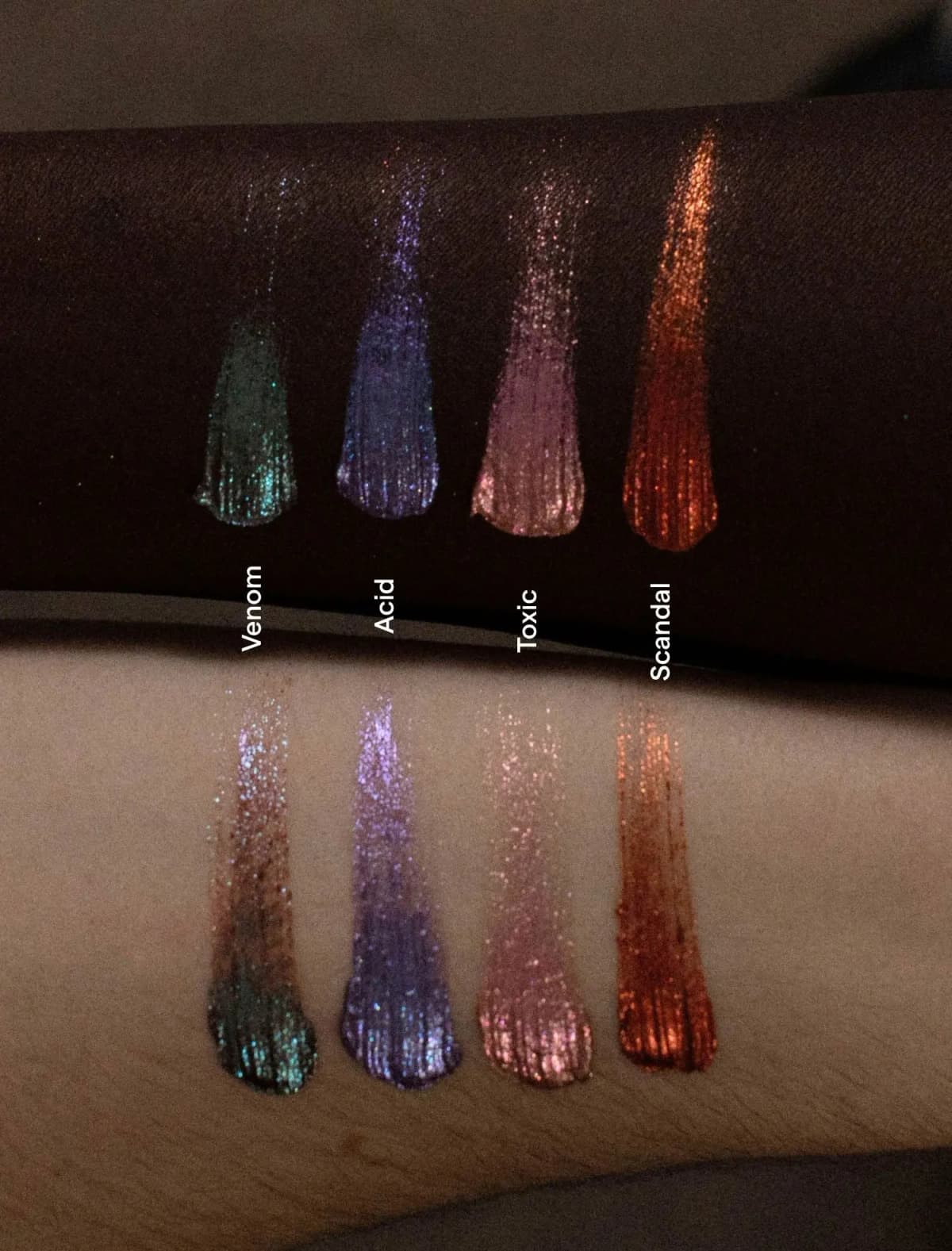 Venom, Acid, Toxic and Scandal liquid shadow swatches in green, purple, pink and copper on deep and light skin