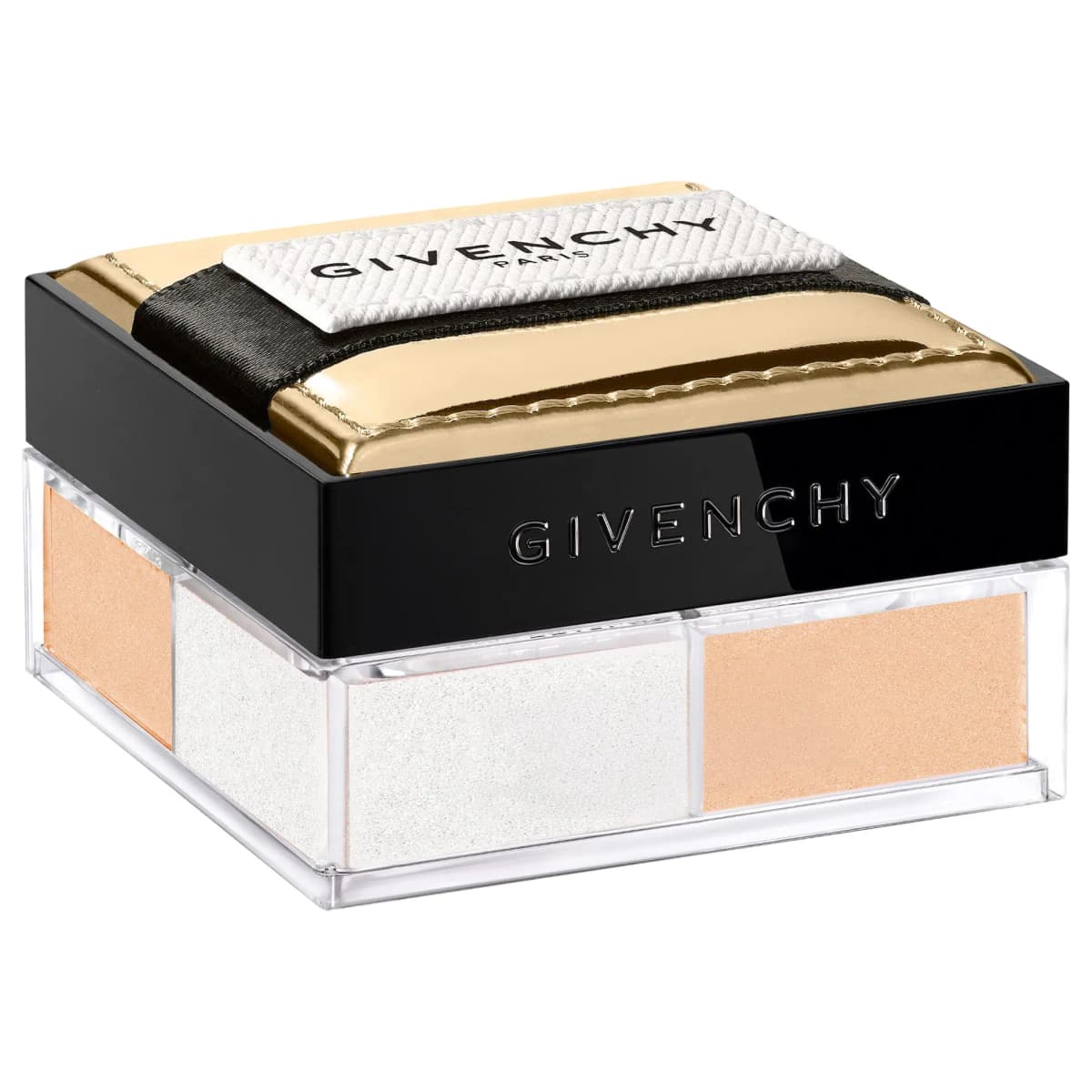 Closed Prisme Libre jar with padded gold lid, white Givenchy Paris label, black ribbon and peach and white powders