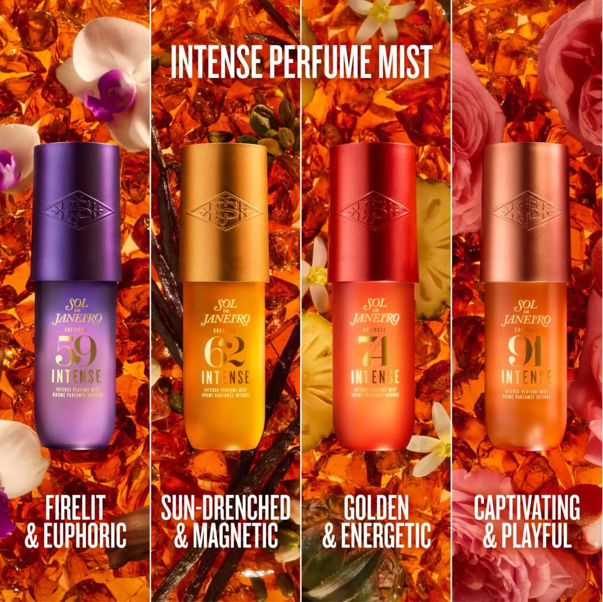 Four Intense Perfume Mists, 59, 62, 74 and 91, in purple, gold, red and copper, each labelled with its scent mood