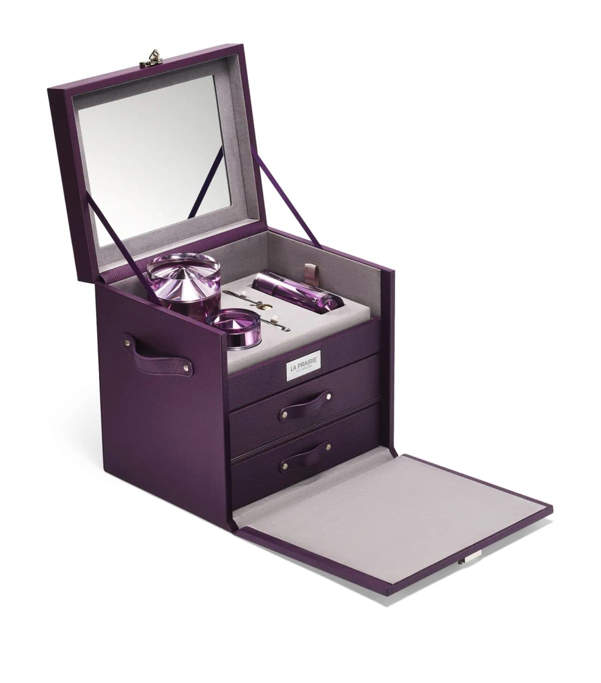 Angled view of the purple trunk with lid raised, drop-front panel lowered and two drawers with leather pull handles