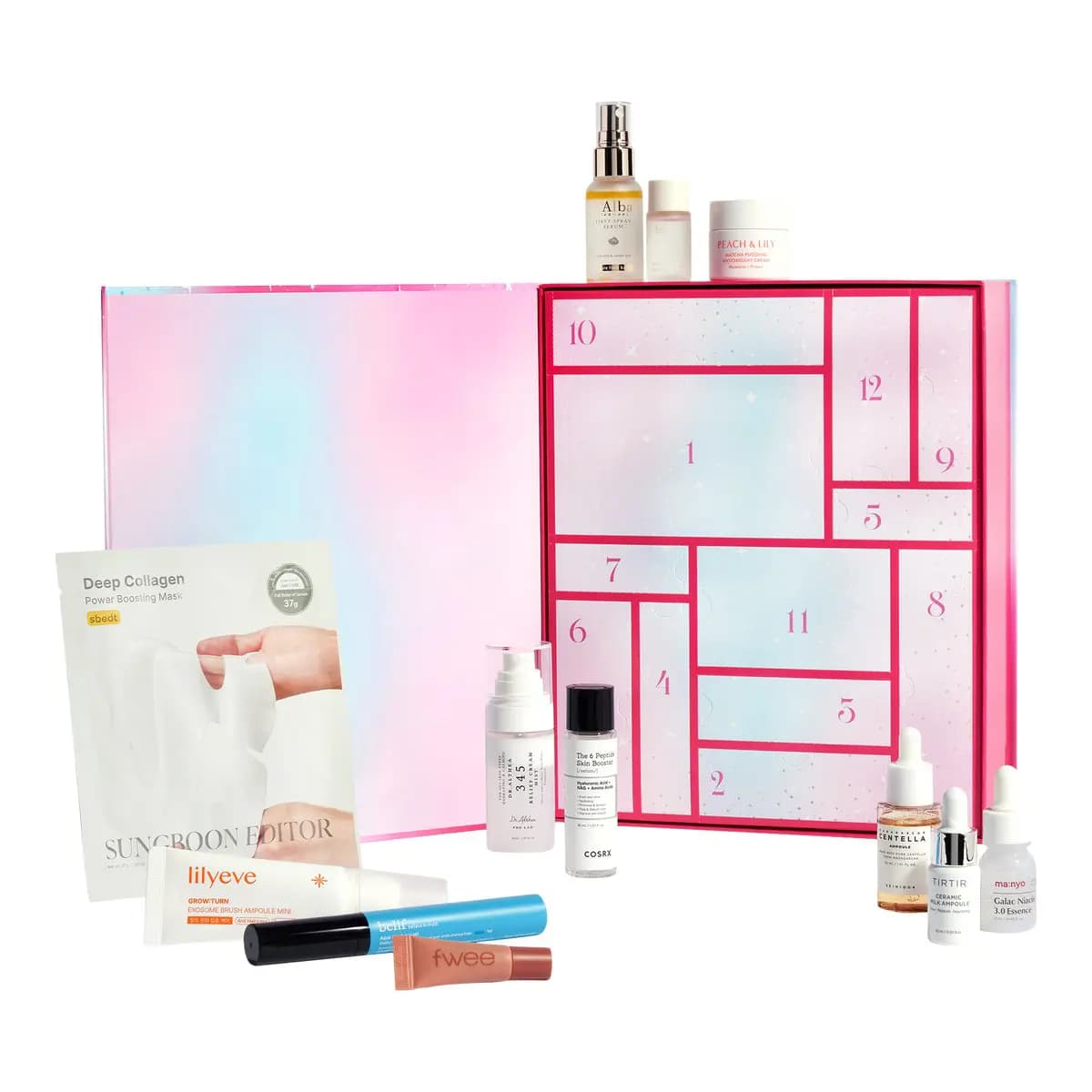 Open Ulta Glass Skin advent calendar with numbered pink doors 1–12, surrounded by Sungboon Editor mask, COSRX, TIRTIR and d'Alba minis