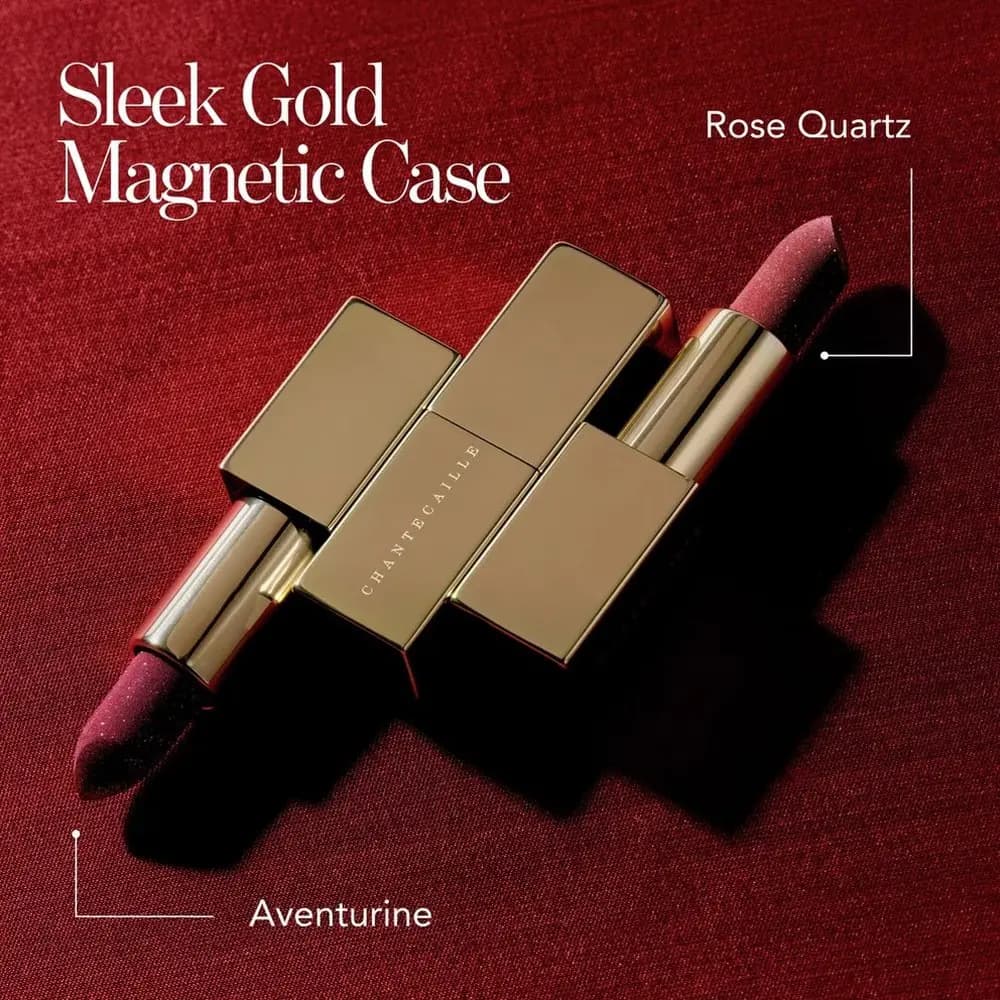 Chantecaille Lip Cristal lipsticks in Rose Quartz and Aventurine with a sleek gold magnetic case