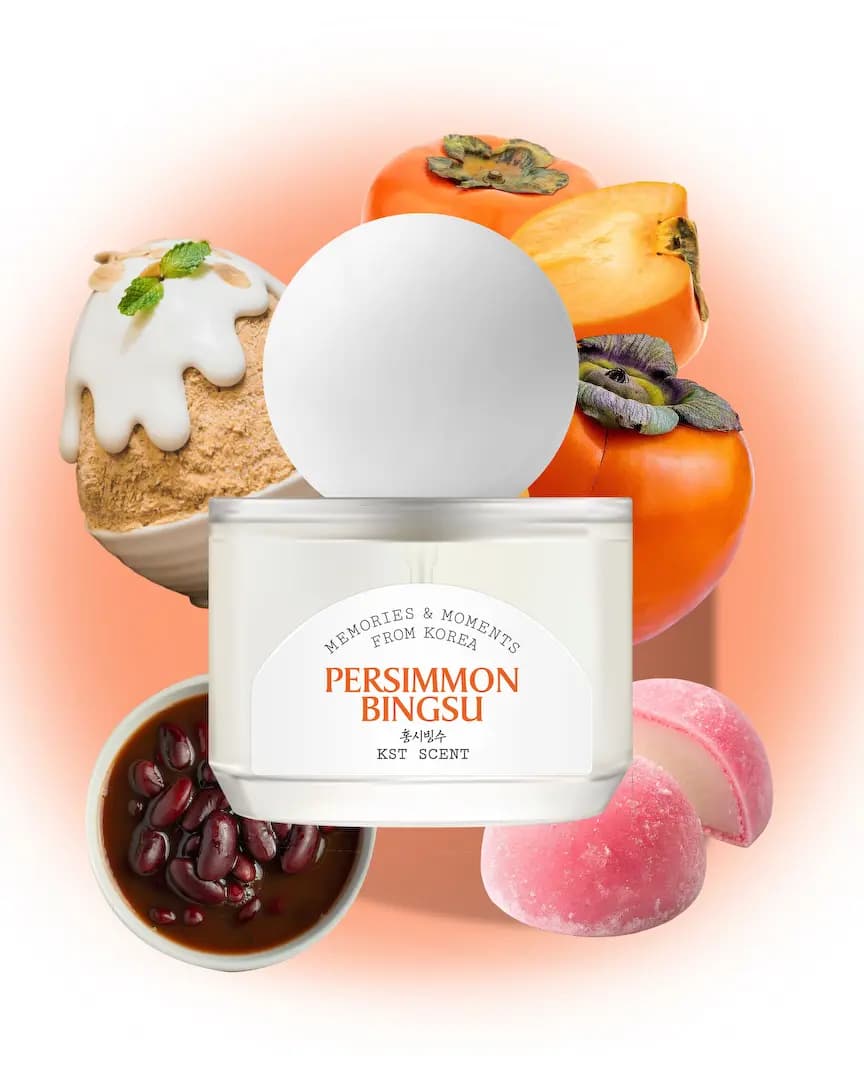 KST SCENT Persimmon Bingsu perfume bottle surrounded by persimmons, shaved-ice bingsu, red bean syrup and pink rice cakes