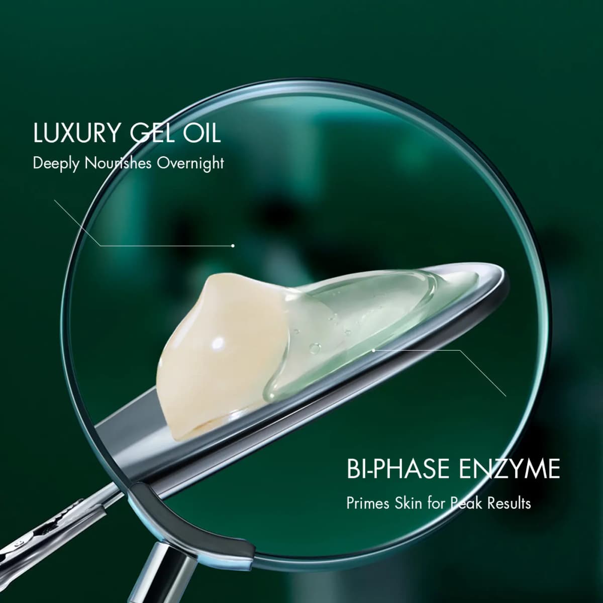 Magnifying lens showing pale yellow gel oil beside clear green bi-phase enzyme on a metal spatula