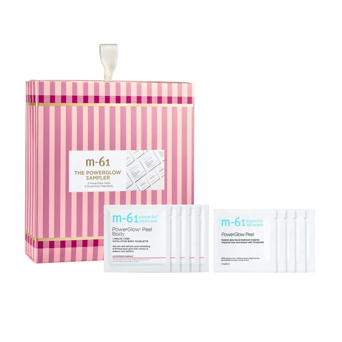 M-61 The PowerGlow Sampler pink striped box with PowerGlow Peel Body and PowerGlow Peel packettes