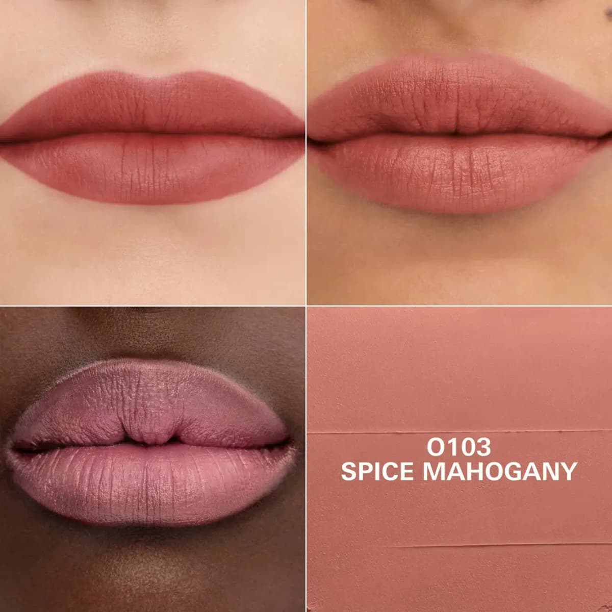 O103 Spice Mahogany soft rose-nude lipstick shown on three lip tones beside a close-up swatch