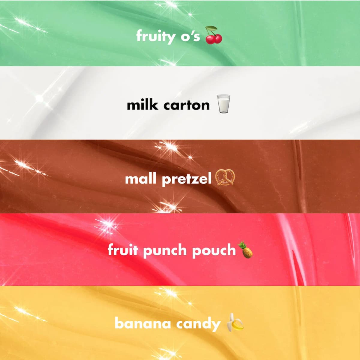 Glossy swatch stripes in mint green, white, brown, coral red and yellow, labelled with each shade name
