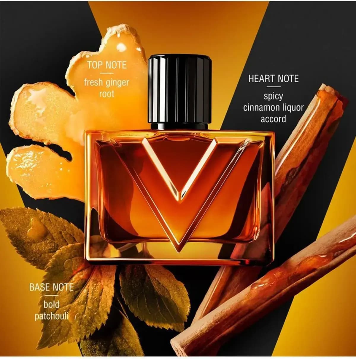Uomo bottle with ginger root, cinnamon sticks and patchouli leaves on gold and black backdrop, notes labelled