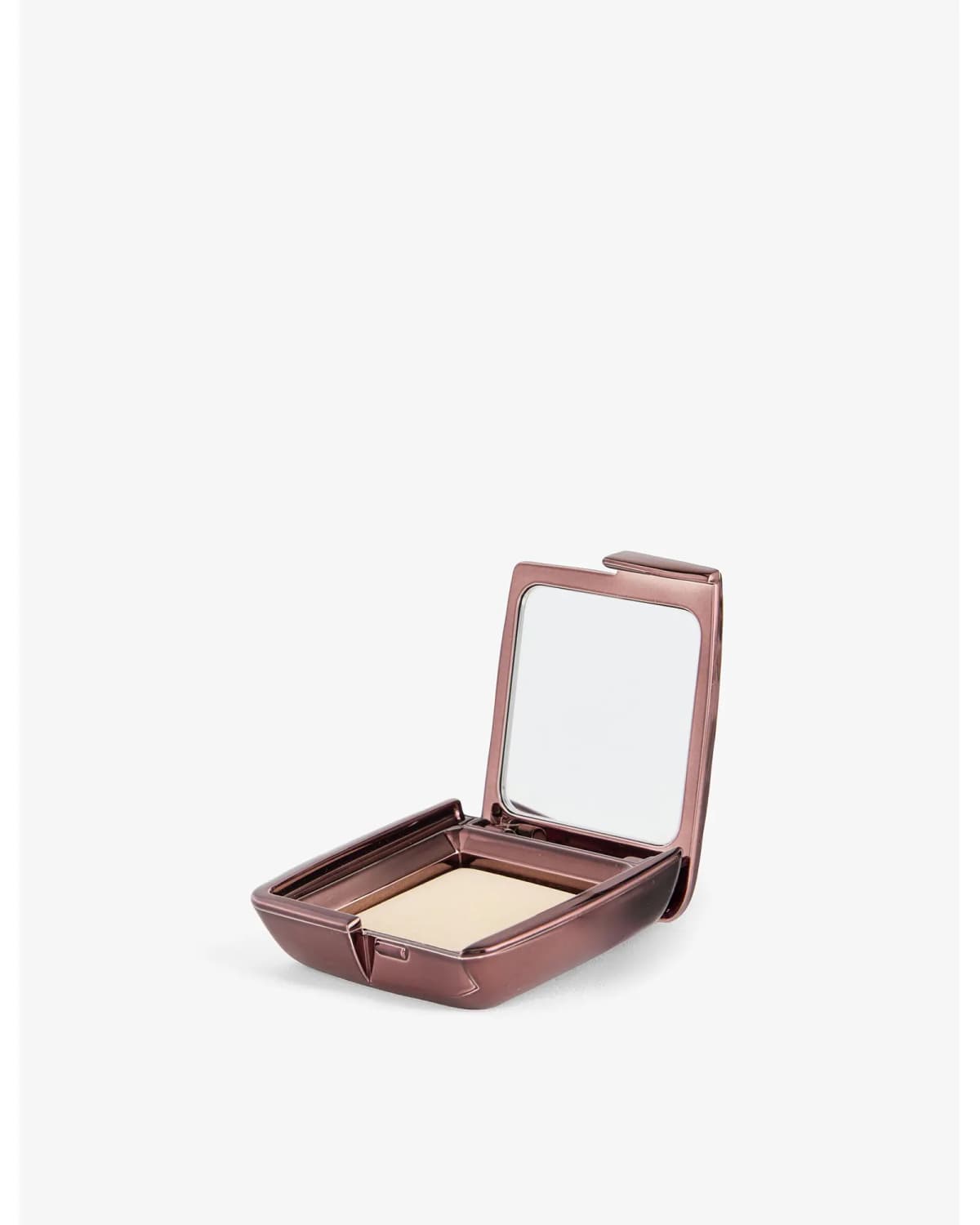 Hourglass compact in burgundy metallic case, open to show mirror and pale ivory powder