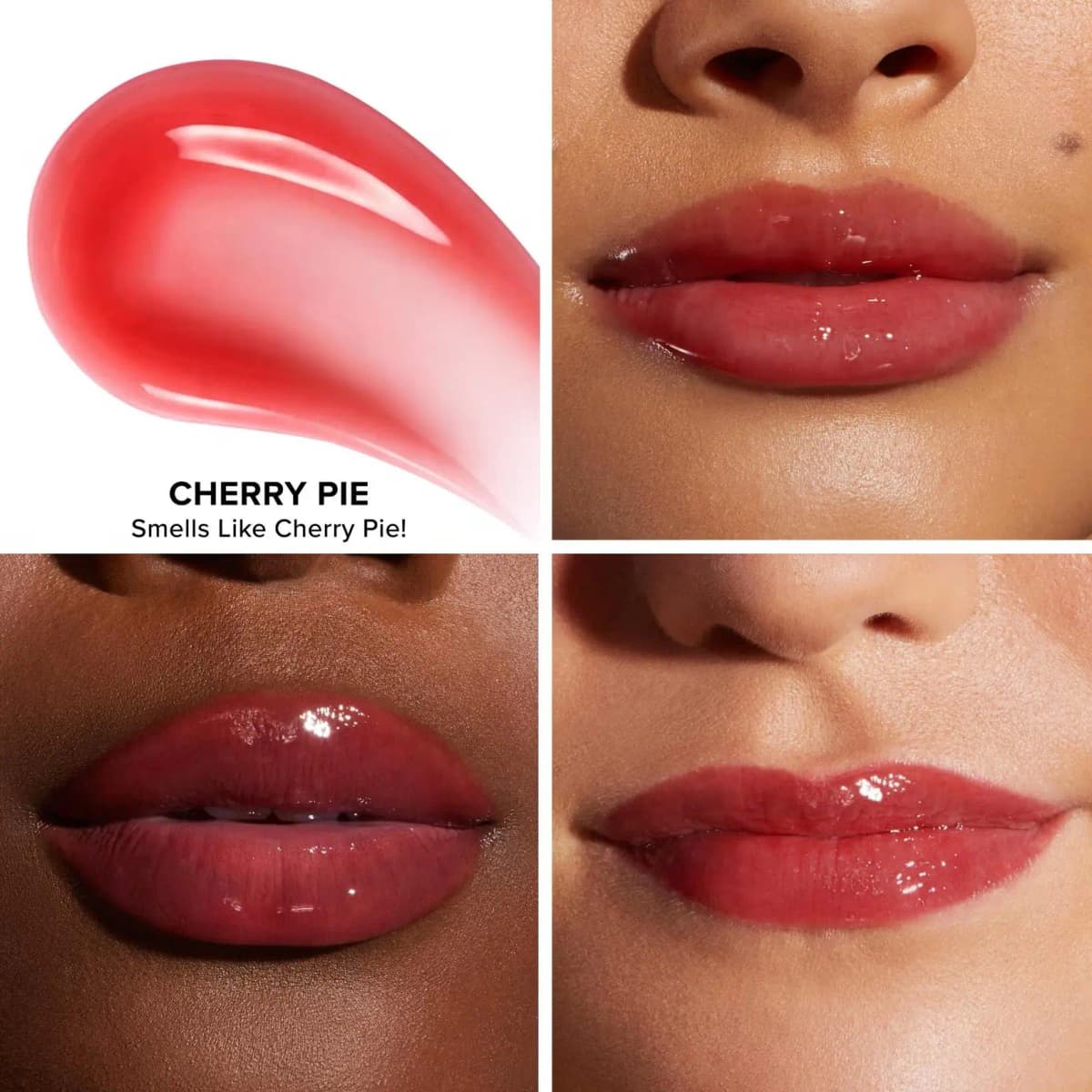 Cherry Pie glossy red swatch beside three close-ups of shiny red-tinted lips on light, medium and deep skin tones