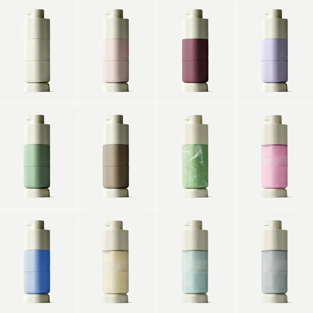 Grid of twelve Large Pump Capsules on bases in cream, pink, plum, lilac, green, brown, marble, glitter and blue shades