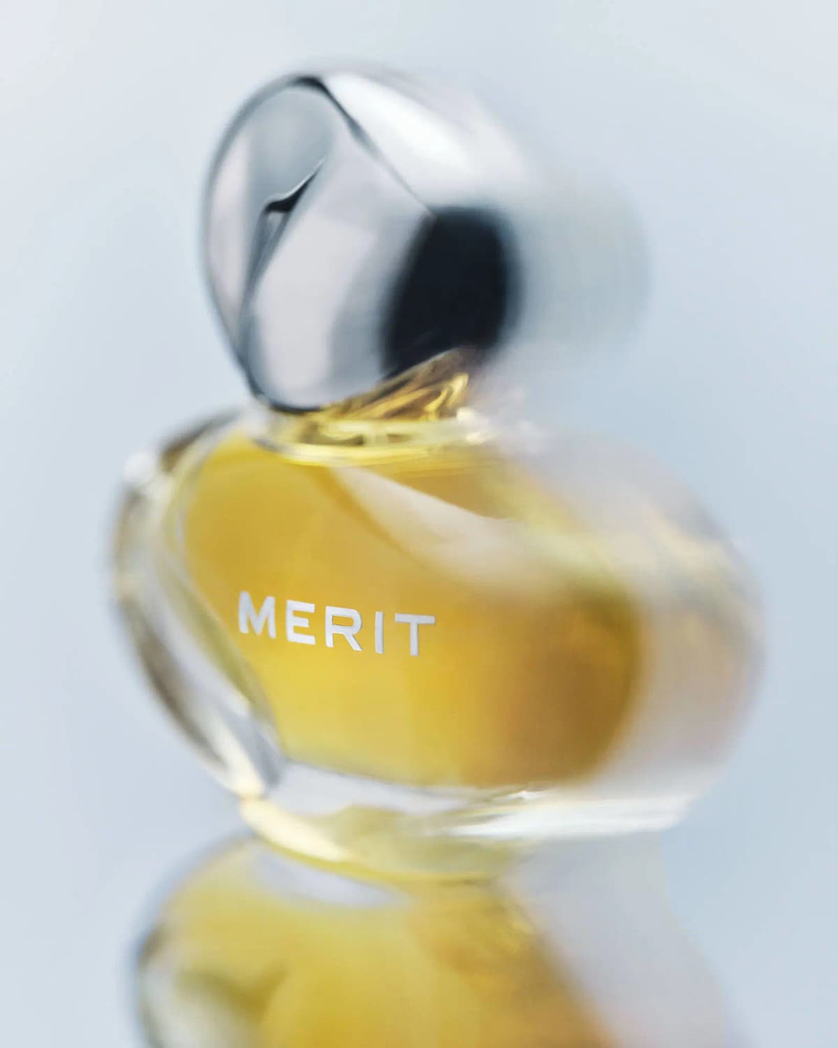 Soft-focus close-up of the golden bottle and silver cap, white MERIT lettering sharp, reflected below