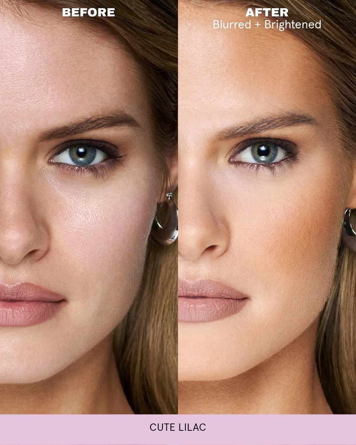 Before and after close-up of a model's face with Cute Lilac powder, showing a blurred, brightened finish